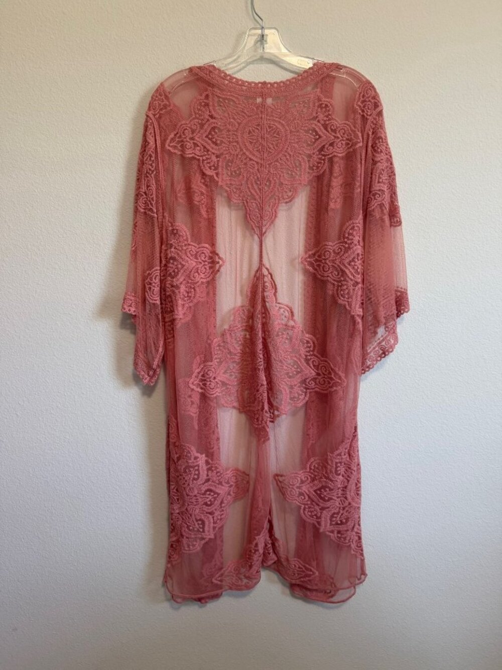 Peach Pink Cotton Blend 3/4 Sleeve Sheer Lace Open Front Duster Cover Up Size L? - Picture 2 of 7